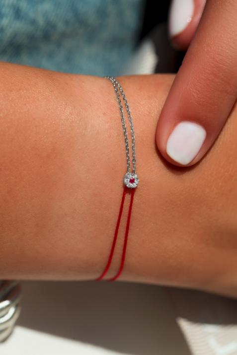 String and chain bracelet with white diamonds and a pink sapphire in white gold cluster style setting - Redline - 0++