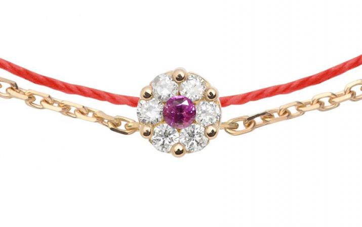 String and chain bracelet with white diamonds and a pink sapphire in yellow gold cluster style setting - Redline