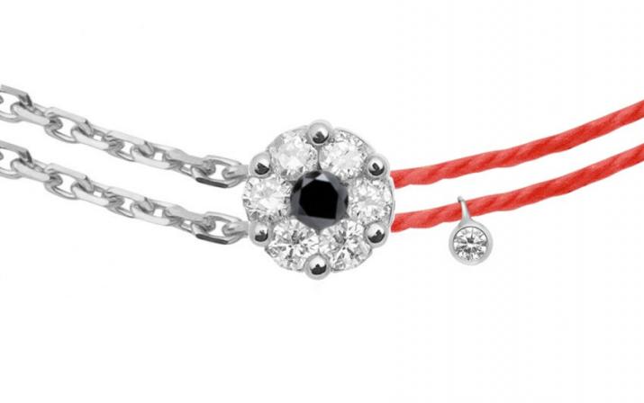 String and chain bracelet with white diamonds and a black diamond in white gold cluster style setting - Redline - 0++