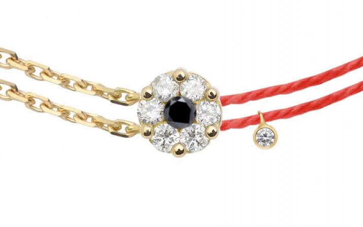 String and chain bracelet with white diamonds and a black diamond in yellow gold cluster style setting - Redline - 0++