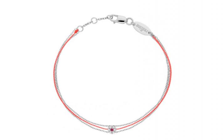String and chain bracelet with white diamonds and a pink sapphire in white gold cluster style setting - Redline - 0++