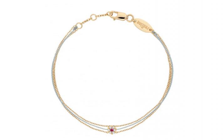 String and chain bracelet with white diamonds and a pink sapphire in yellow gold cluster style setting - Redline - 0++
