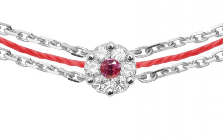 String and chain bracelet with white diamonds and a pink sapphire in white gold cluster style setting - Redline - 0++