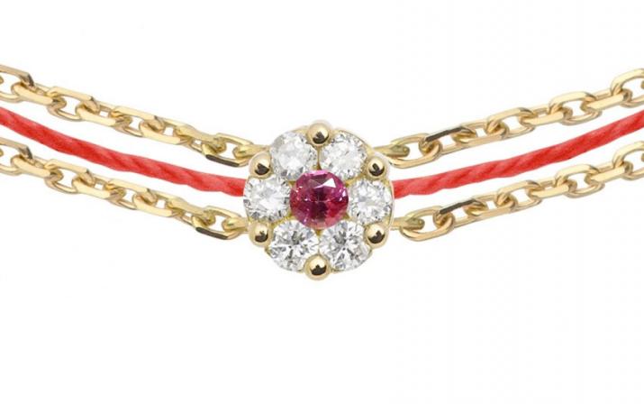 String and chain bracelet with white diamonds and a pink sapphire in yellow gold cluster style setting - Redline - 0++