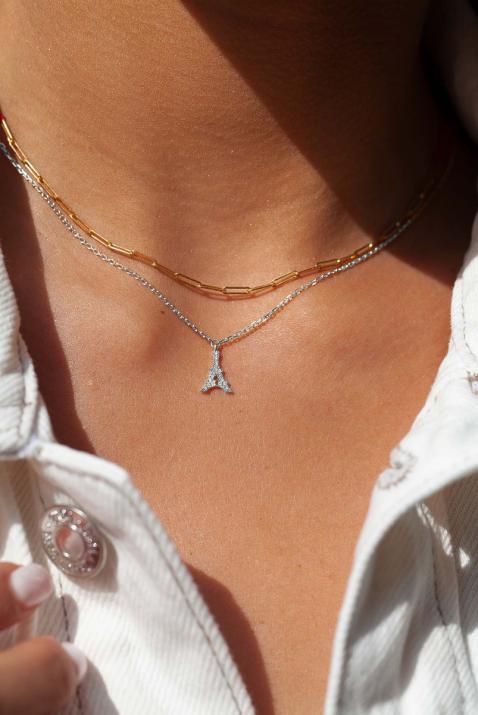 White gold chain necklace with diamond-paved Eiffel Tower - Redline - 0++