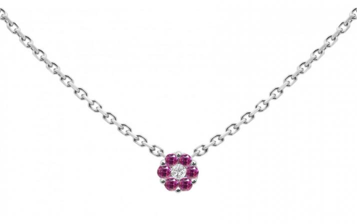 Chain Necklace For Women with 0.01ct Round Diamond and Rose Sapphire in White Gold Cluster Setting - Redline