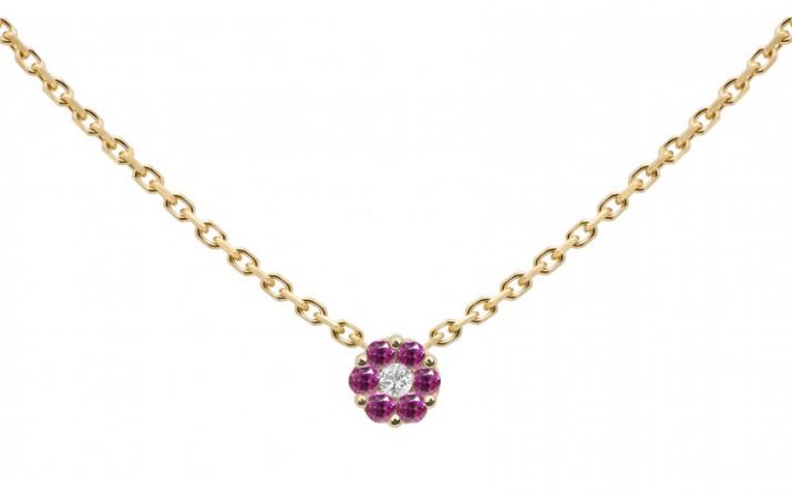 Chain necklace with pink sapphires and a white diamond in yellow gold cluster style setting - Redline