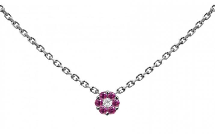 Chain necklace with pink sapphires and a white diamond in black gold cluster style setting - Redline