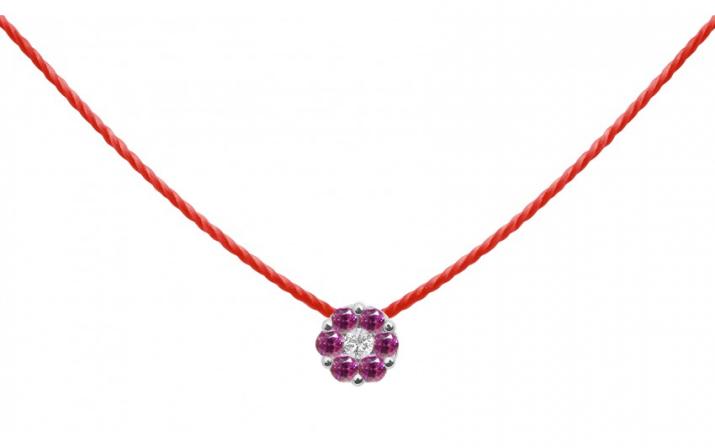 String necklace with pink sapphires and a white diamond in white gold cluster style setting - Redline - 0++