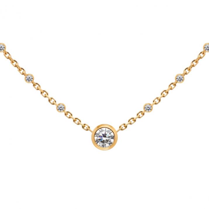 Chain necklace with little diamonds around a diamond in yellow gold bezel setting - Redline - 0++