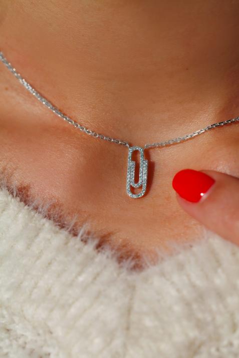 White gold chain necklace with diamond-paved paper clip - Redline - 0++