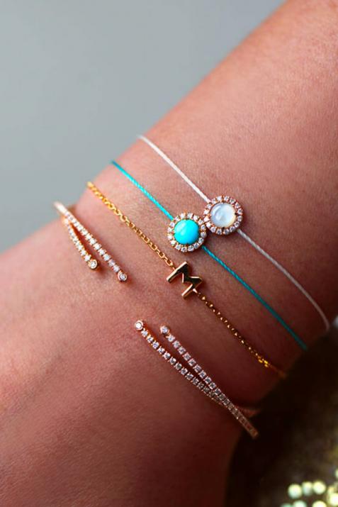 Turquoise and diamonds string bracelet in white gold prong setting - Redline - 0++