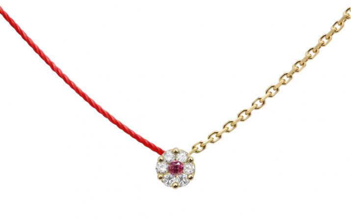 String-Chain Necklace with 0.05ct Round Diamond and Rose Sapphire in Yellow Gold Cluster Setting - Redline