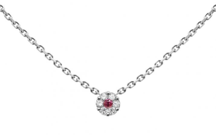 Chain necklace with white diamonds and a pink sapphire in white gold cluster style setting - Redline - 0++