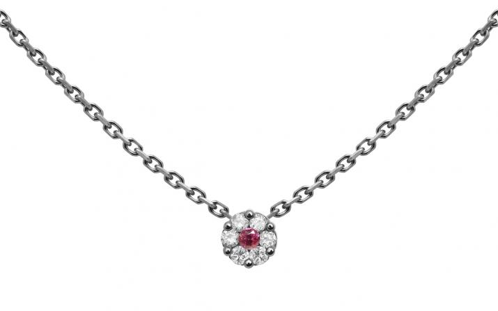 Chain necklace with white diamonds and a pink sapphire in black gold cluster style setting - Redline - 0++
