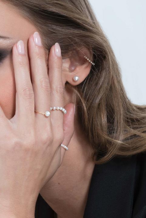 Yellow gold chain ring with Akoya pearls - Redline - 0++